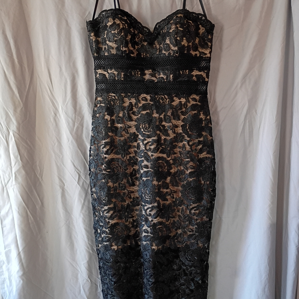 Xscape Black Lace Strapless Sheath Dress with Nude Underlay
